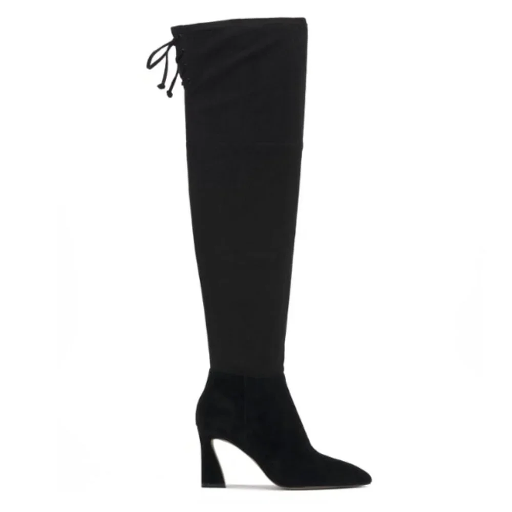 8 Suede Knee High Tall Boot Curvy Heel Pointed Toe Leather Suede Tie Taplana